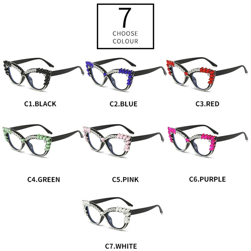 SHAUNA Retro Cat Eye Women Luxury Crystal Glasses Frame Clear Anti-blue Light Eyewear Men Optical Frame