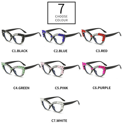 SHAUNA Retro Cat Eye Women Luxury Crystal Glasses Frame Clear Anti-blue Light Eyewear Men Optical Frame