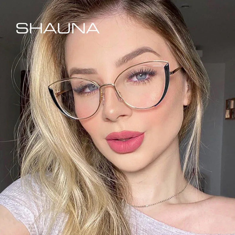 SHAUNA Spring Hinge Fashion Metal Half Frame Women Cat Eye Optical Frames Anti Blue Light Computer Glasses