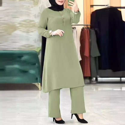 Ensemble deux pièces pour femmes musulmanes, mode élégante, couleur unie, chemise longue irrégulière, haut, pantalon à jambes larges, robe Abaya, femme musulmane, Dubaï