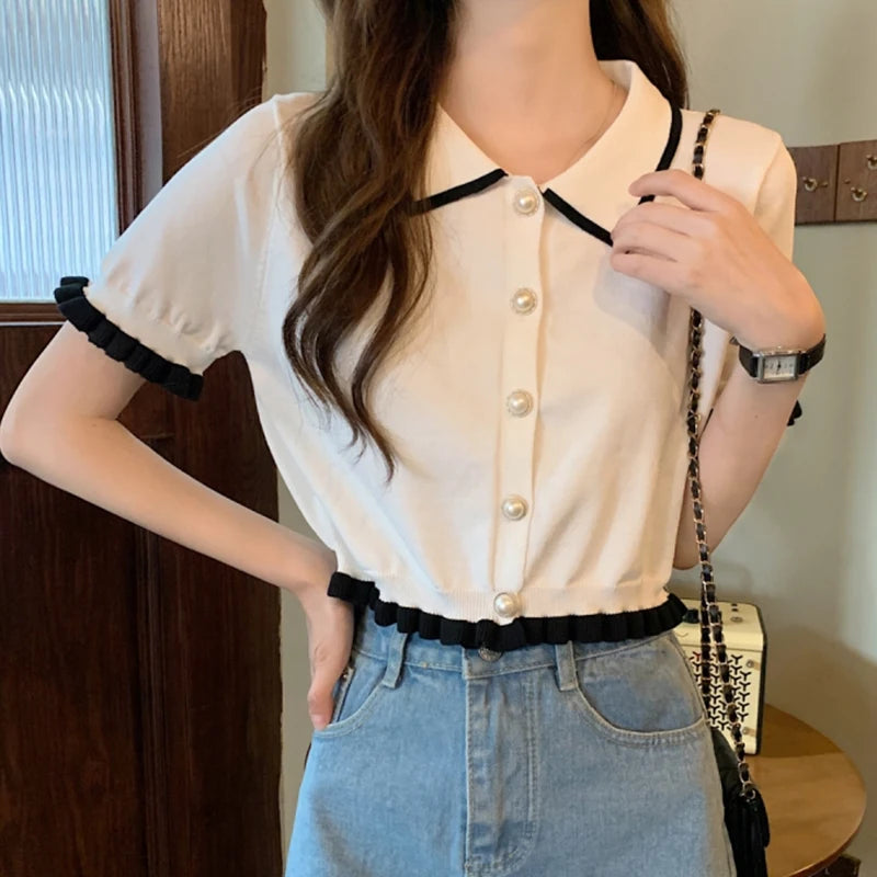 Süßes Damenhemd Koreanischer Strick Umlegekragen Chic Kurzarm Damenbluse Sommer Retro Schlank All Match Damen Crop Tops