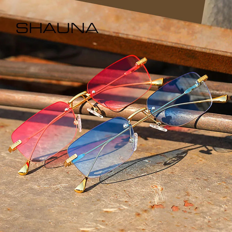 SHAUNA Fashion Rimless Women Gradent Sunglasses Brand Designer Trending Men Small Rectangle Shades UV400