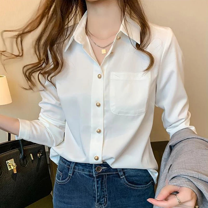 White Chiffon Office Women Shirts Korean Elegant Pearl Loose Long Sleeve Female Blouse Autumn New Pocket Chic Ladies Casual Tops