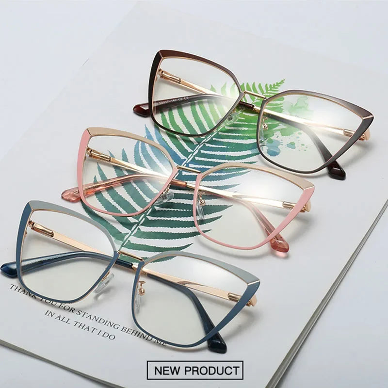 SHAUNA Anti-Blue Light Spring Hinge Women Metal Cat Eye Optical Eyeglasses Frame Double Colors