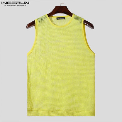 INCERUN Tops 2024 American Style Mens Solid Hollow O-neck Design Vests Leisure Streetwear Hot Selling Sleeveless Tank Tops S-2XL