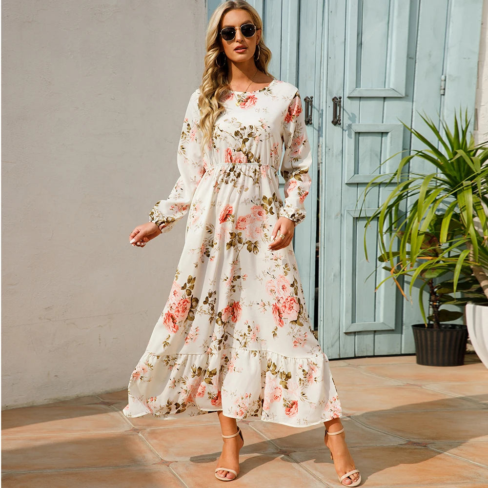 2023 Printemps Été Bohème Femmes Maxi Robe Décontractée À Manches Longues Taille Haute Plage Femme En Mousseline De Soie Robes Florales Robes Mujer Nouveau