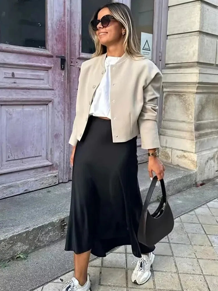 Jupe en satin TRAF Woman 2024 pour femmes, jupes longues taille haute pour femmes, jupe mi-longue noire d'été, jupes élégantes pour femmes au bureau