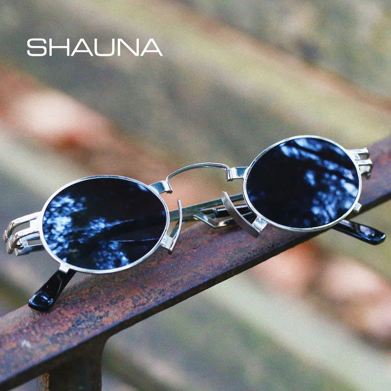 SHAUNA Vintage Punk Oval Sunglasses Men Hollow Out Metal Frame Red Lens Shades UV400