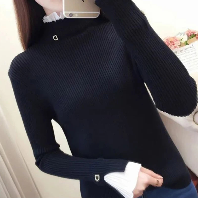 Y2k Turtleneck Women Sweaters Korean Lace Patchwork Female Warm Pullovers Autumn Elegant Chic Flare Sleeve Ladies Casual Tops