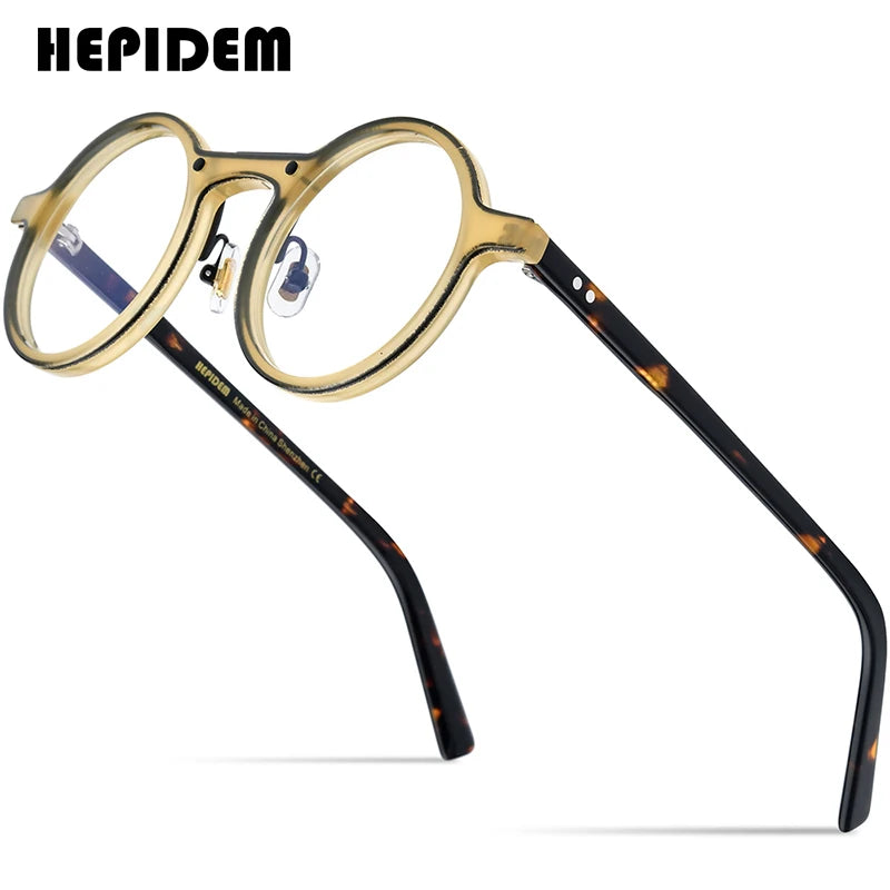 HEPIDEM Powder Acetate Glasses Men Retro Vintage Round Eyeglasses Women Spectacles Eyewear 9315