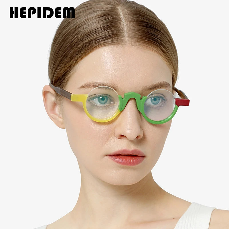 HEPIDEM Matte Acetate Glasses Women 2023 New Fashion Round Eyeglasses Half Rim Spectacles Eyewear H9279