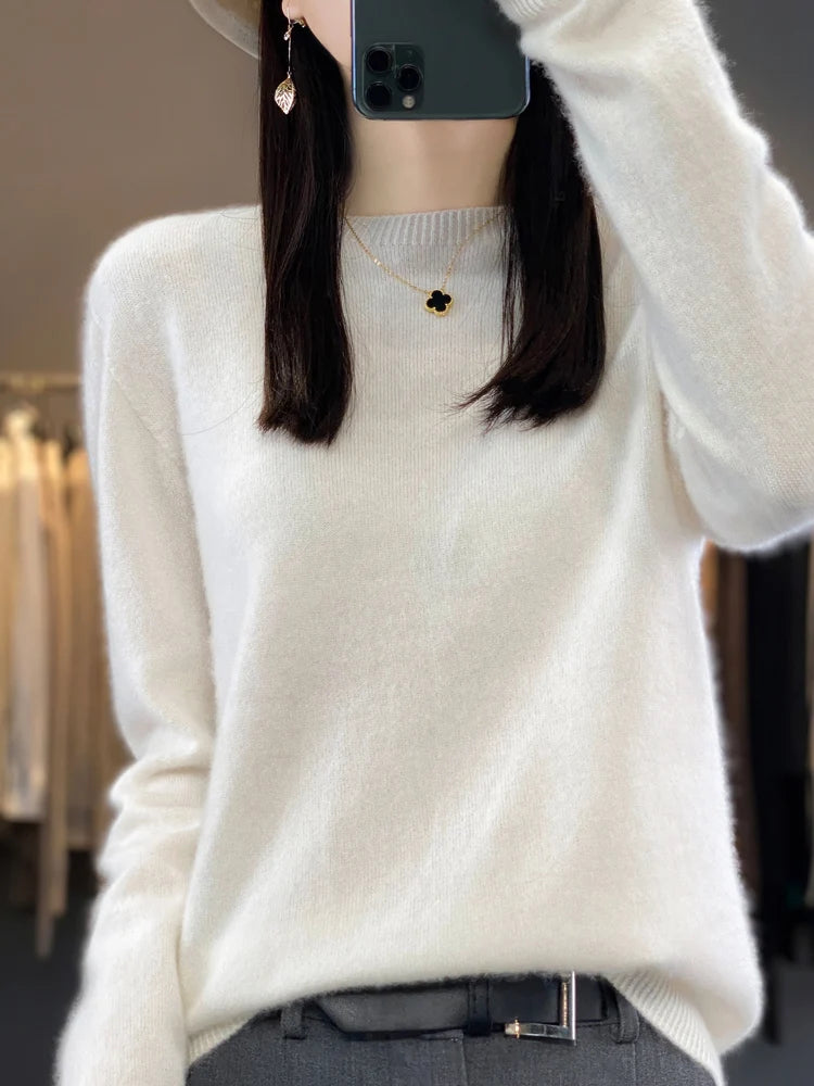 Autumn Winter Women Clothing Pullover New Fashion 100% Merino Wool Sweater Cashmere Tops Basic O-Neck Long Sleeve Knitwear