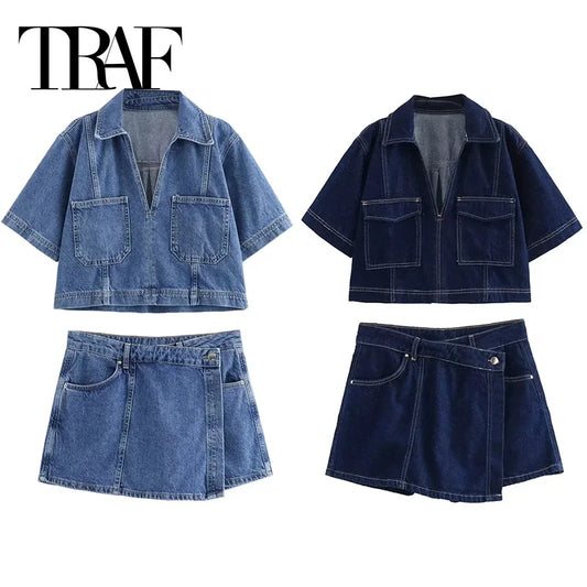 TRAF Blue Denim Shirt Frau Kurzarm Cropped Shirt Frauen Sommer Kurze Tops Frau Streetwear Y2k Stylische Damen Bluse