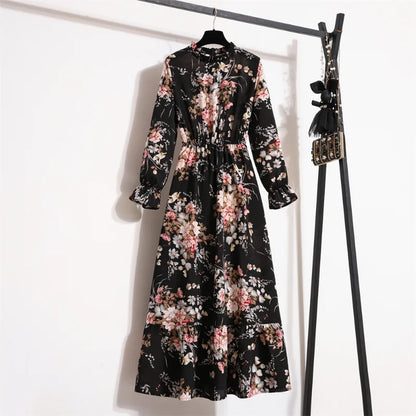 Automne Printemps Robes Femme Robes En Mousseline De Soie À Manches Longues Vintage Imprimé Floral Fermeture Éclair Décontracté Longue Robe Femmes Maxi Robes