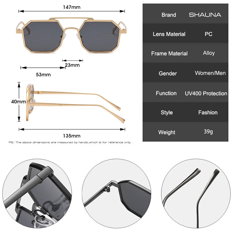 SHAUNA Retro Doppelstege Polygon Quadratische Metall Sonnenbrille Damen Trendy Shades UV400 Herren Sonnenbrille