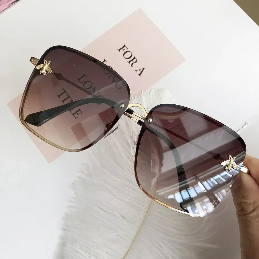 Luxury Brand Designer Sunglasses Woman Vintage Rimless Square Sun Glasses Female Gradient Shades Little Bee Ladies Oculos