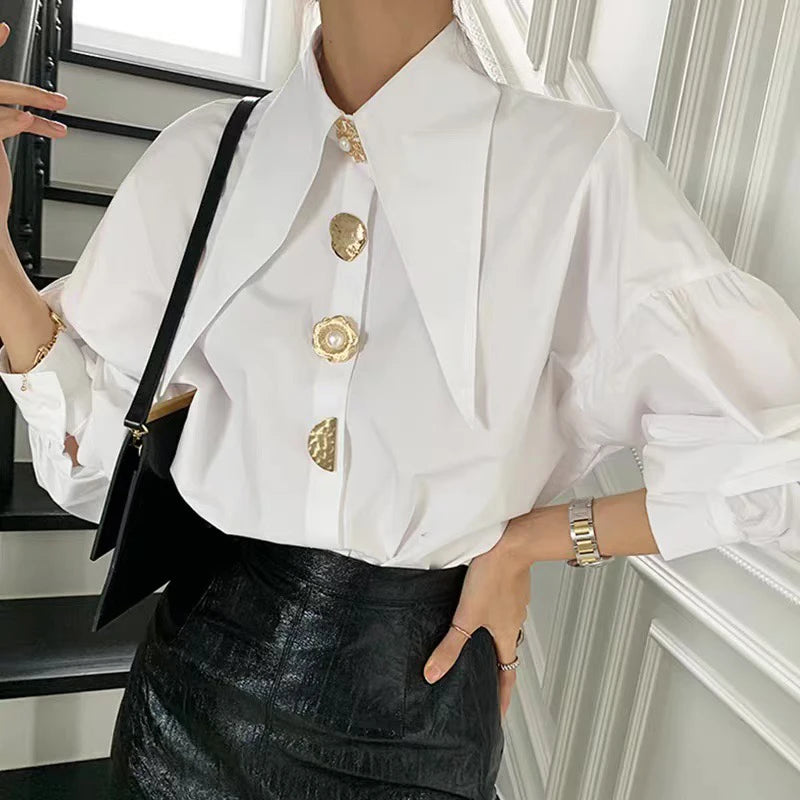 White Elegant Pearl Women Shirts Korean Sharp Corner Collar Loose Long Sleeve Ladies Blouse Y2k Fashion New Chic Female Tops