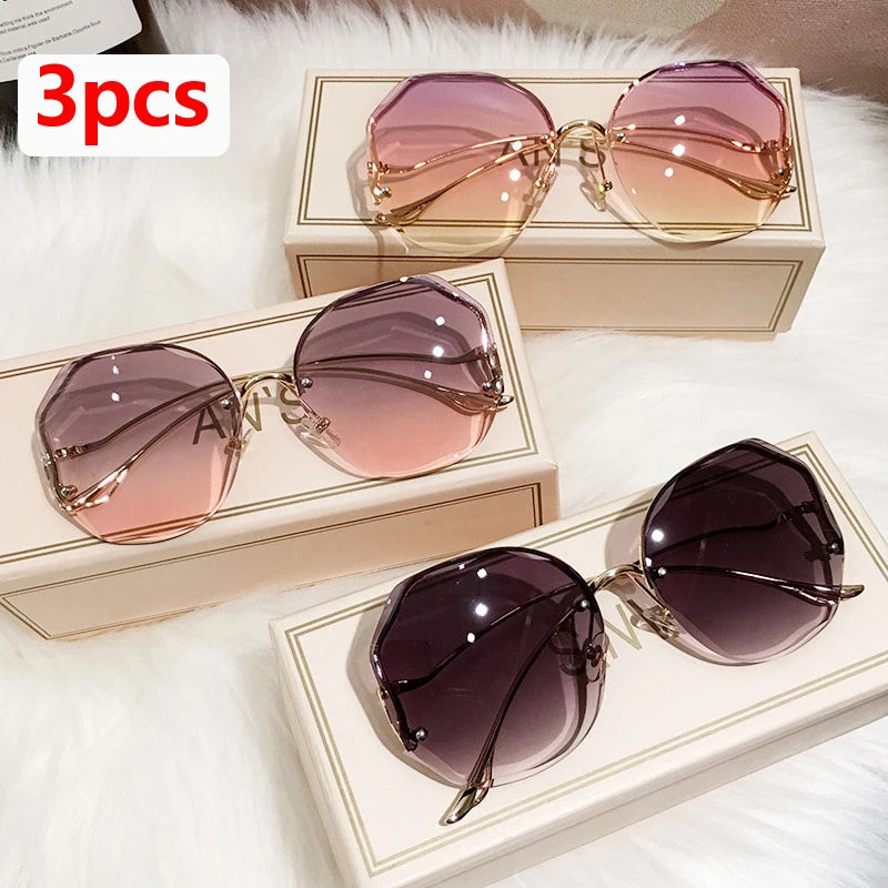 3pcs/set Rimless Sunglasses Women Metal Female Vintage Ladies Stylish Design Oversized Square Sun Glasses UV400