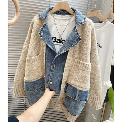 2023 Nouvelle Automne Hiver Femmes Épissage Denim Veste Femmes À Manches Longues Jean Vestes Femme Lâche Pull Cardigan Veste