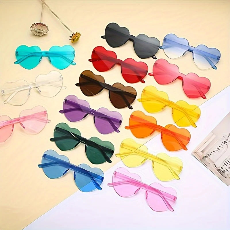 Lot de 12 lunettes de soleil en forme de cœur pour femme, monture en plastique, œil de chat, sans monture, verres colorés, lunettes de soleil de voyage