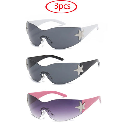 3 pièces Y2K sans monture cyclisme punk une pièce lunettes de soleil hommes femmes lunettes de soleil d'extérieur cinq étoiles enveloppantes lunettes UV400