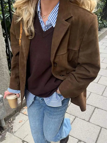 Ins Fashion Veste à revers marron avec poche pour femme, manteau court décontracté à simple boutonnage et manches longues, vêtement d'extérieur d'automne pour dame, 2024