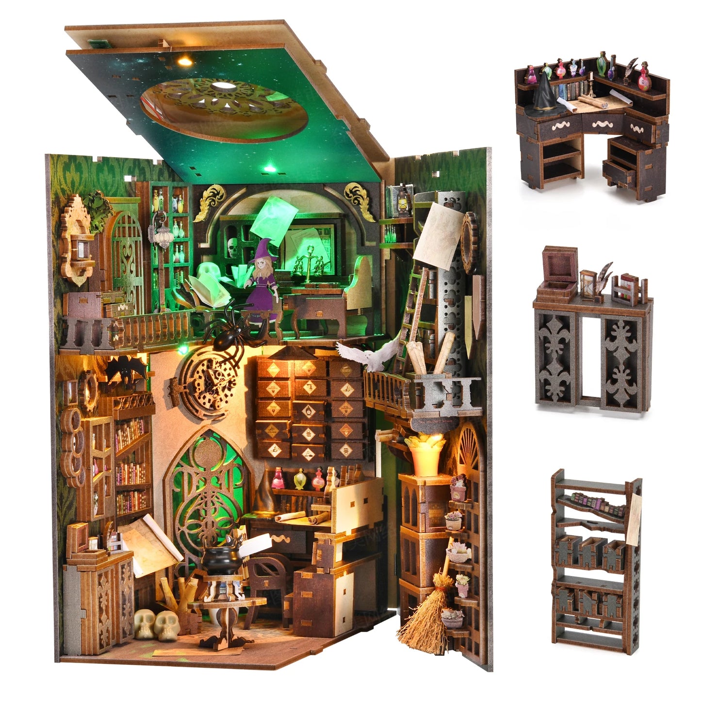 Kit de coin de livre à faire soi-même, puzzle en bois 3D, décoration de la maison, kit de maison à faire soi-même pour étagère, insertion miniature, support de maison de livre magique, étagère à livres