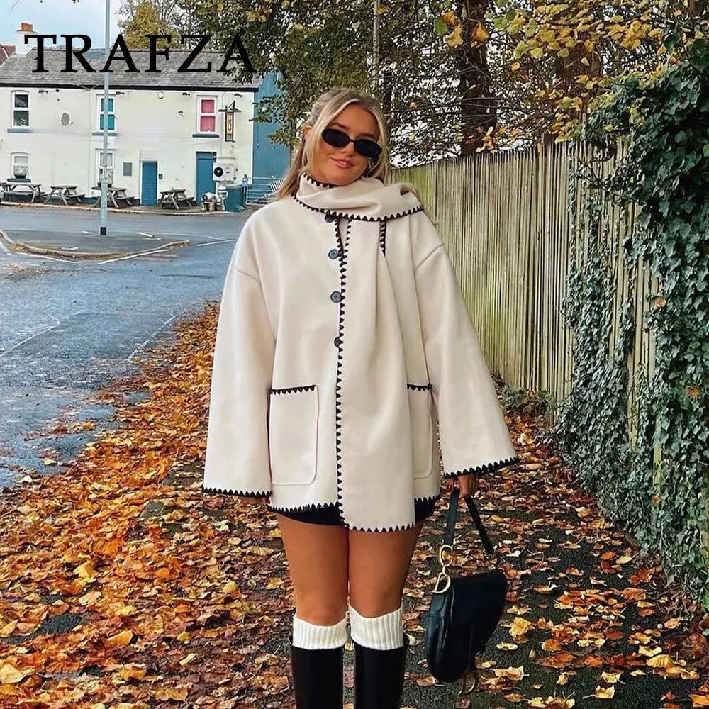 TRAFZA 2023 Frauen Herbst Winter Casual Zickzack Schal Kragen Jacken Mode Lose Streetwear Elegante Demi-saison Jacke Für Frauen