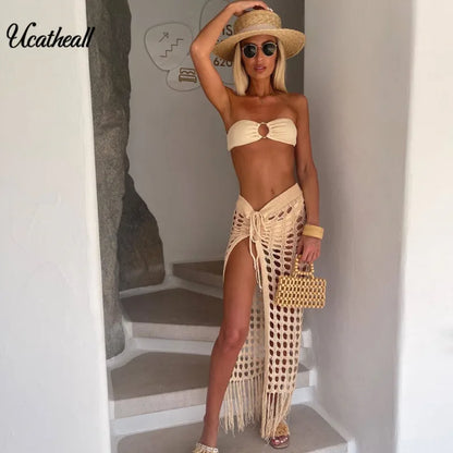 Frauen Gestrickte Strand Rock Sexy Aushöhlen Aushöhlen Split Sonnenschutz Rock Quaste Saum Mujer Weibliche Chic Schlank Vestidos