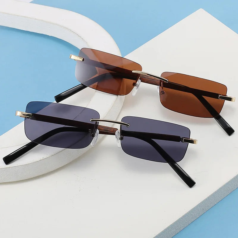 SHAUNA Trending Small Rectangle Sunglasses Retro Wood Grain Rimless Gradient Shades UV400