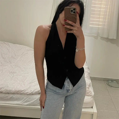 ONKOGENE Off-Shoulder Sleeveless Weste Frauen Schwarz Weiß Gestellte Weste Frau Mode Rückenfreies V-Ausschnitt Kurze Mäntel Sommer Weste