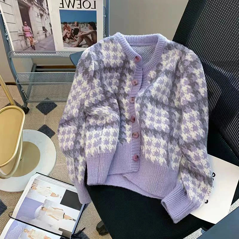 Y2k Rosa Frauen Strickjacke Koreanische Süße Plaid Langarm Weibliche Pullover Harajuku Neue O Neck Adrette Damen Tops