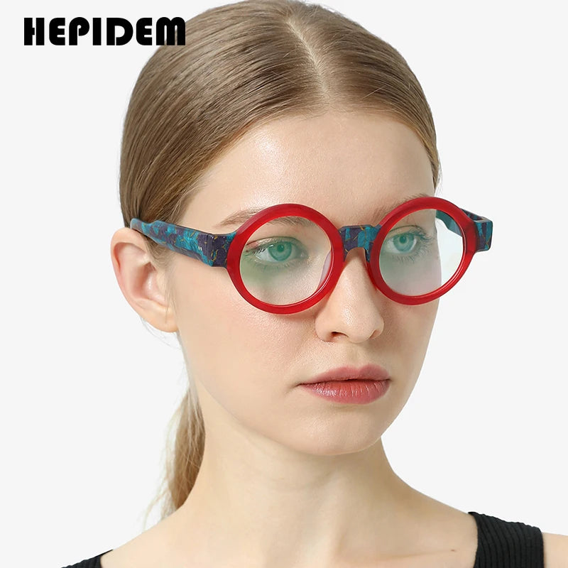 HEPIDEM Matte Acetate Glasses Men Wide-Leg Multicolor Big Round Eyeglasses 2023 Women Eyewear H9271