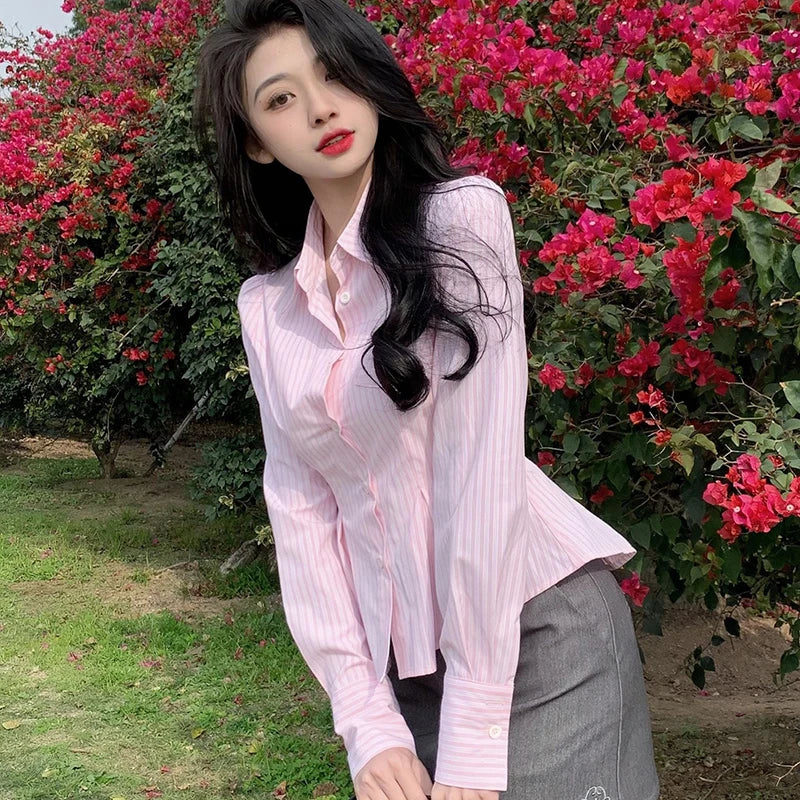 Korean Pink Women Shirts Autumn Sweet Striped Slim Long Sleeve Female Casual Blouse Preppy Style Ruffles Folds Ladies Crop Tops