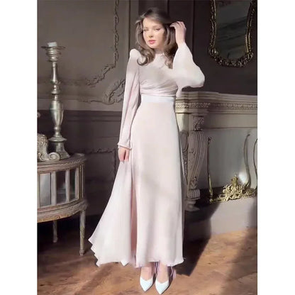 Robe longue de printemps pour femme, élégante, col mi-haut, manches longues, élastique, taille haute, formelle, mariage, cocktail, soirée, maxi