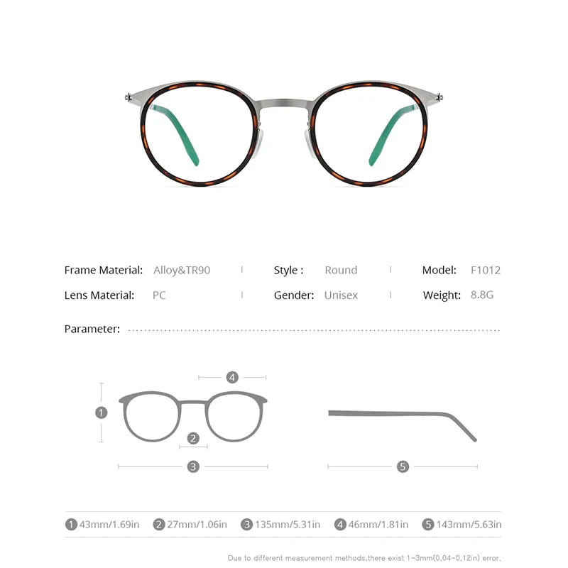 FONEX Acetate Alloy Glasses Men Women Vintage Round Frames Eyeglasses Screwless Korean Eyewear F1012