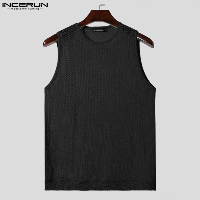 INCERUN Tops 2024 American Style Mens Solid Hollow O-neck Design Vests Leisure Streetwear Hot Selling Sleeveless Tank Tops S-2XL