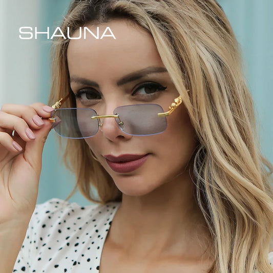 SHAUNA Fashion Small Rimless Rectangle Sunglasses Women Retro Cheetah Ocean Film Eyewear Men Tinted Sun Glasses UV400