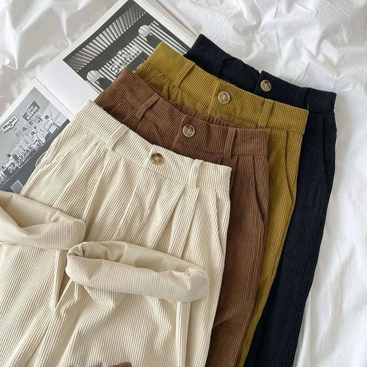 Pantalon vintage en velours côtelé pour femme, taille haute, jambes larges, style café, décontracté, style coréen, pour le bureau, pour l'automne