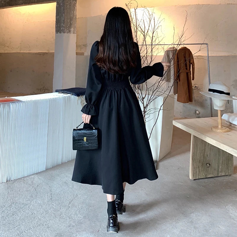 Women Black Folds Elegant Long Dress Retro Loose Sweet Square Collar Female Dress Spring Autumn All Match Casual Ladies Vestidos