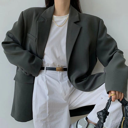 Black Suit Jacket Women Loose Straight Long Sleeve Spring Fall  Fashion Outwear Basic Simple Korean Office Lady High Street Coat