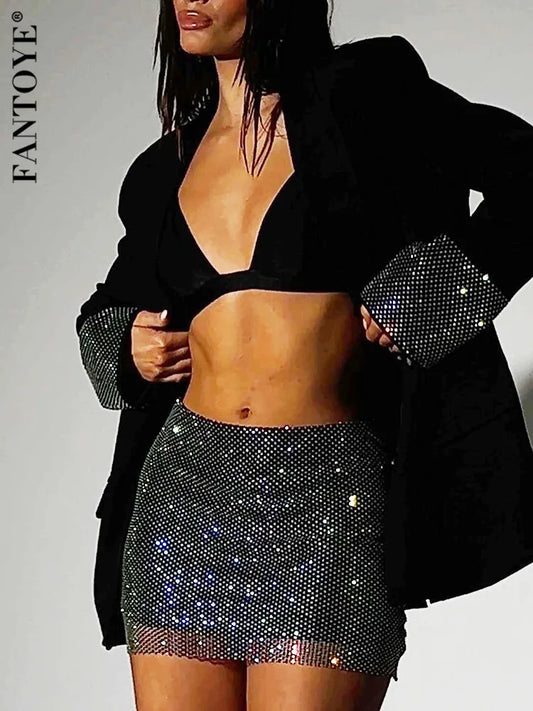 Ensemble blazer brillant à paillettes et diamants pour femme Fantoye, blazer double couche, jupe résille, ensemble deux pièces pour femme, tenue de soirée tendance