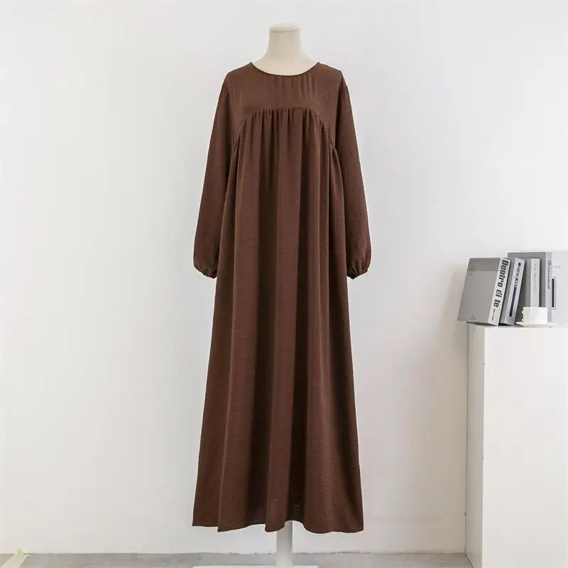 Spring Autumn Muslim Dress Women Loose Maxi Dresses Fashion Female Full Sleeve Casual Solid Pockets Robe Long Dresses Vestidoes