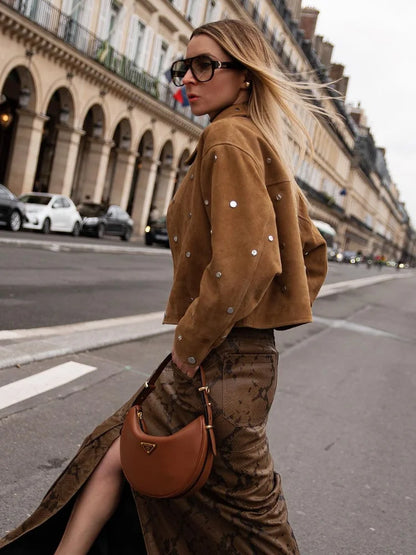 High Street Studded Suede Jacket For Women Autumn Lapel Casual Short Jacket Female Solid Ride Motorcycle Coats Outwears  ﻿