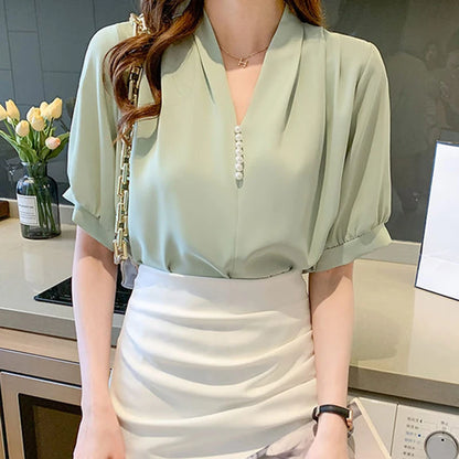 Women Chiffon Blouse Korean New Elegant Pearl Short Sleeve Female Shirt Summer Office V Neck All Match Chic Thin Ladies Tops