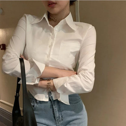 White Korean Sweet Shirt Y2K Slim Preppy Style Chiffon Female Long Sleeve Blouse Summer Fashion Office Casual Ladies Crop Tops