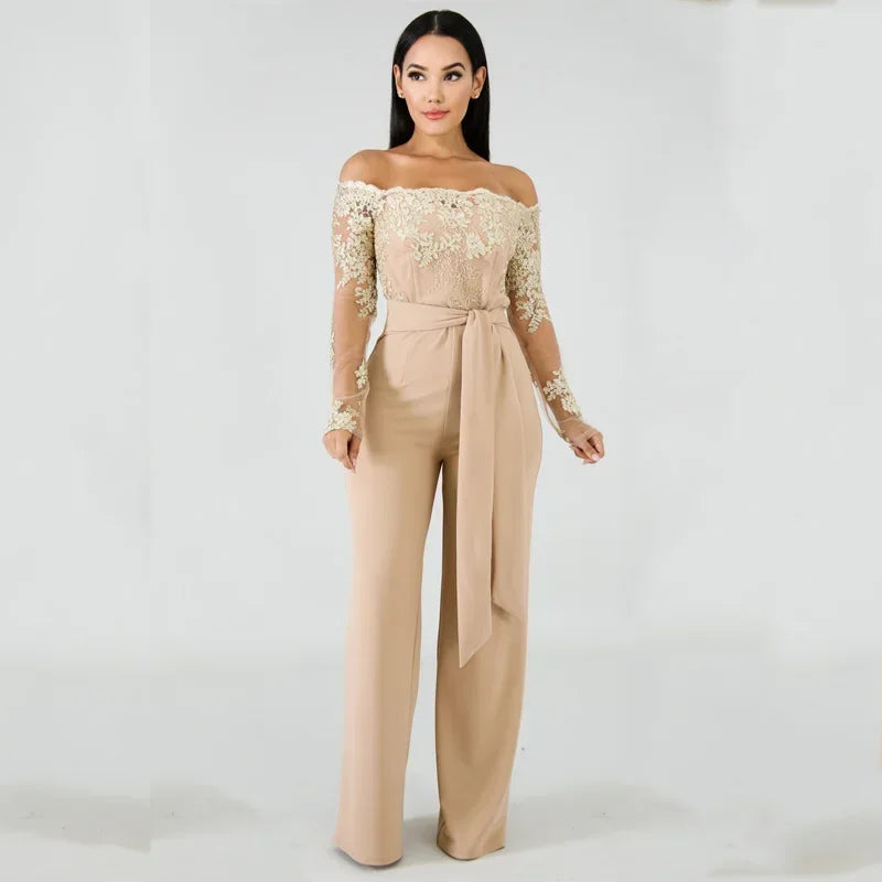 Appliques Lace Patchwork Jumpsuit Women Sexy Off Shoulder Slash Neck Long Sleeve Elegant Wide Leg Pants Jumpsuit Party Overalls