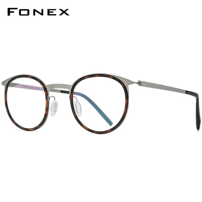 FONEX Acetate Alloy Glasses Men Women Vintage Round Frames Eyeglasses Screwless Korean Eyewear F1012