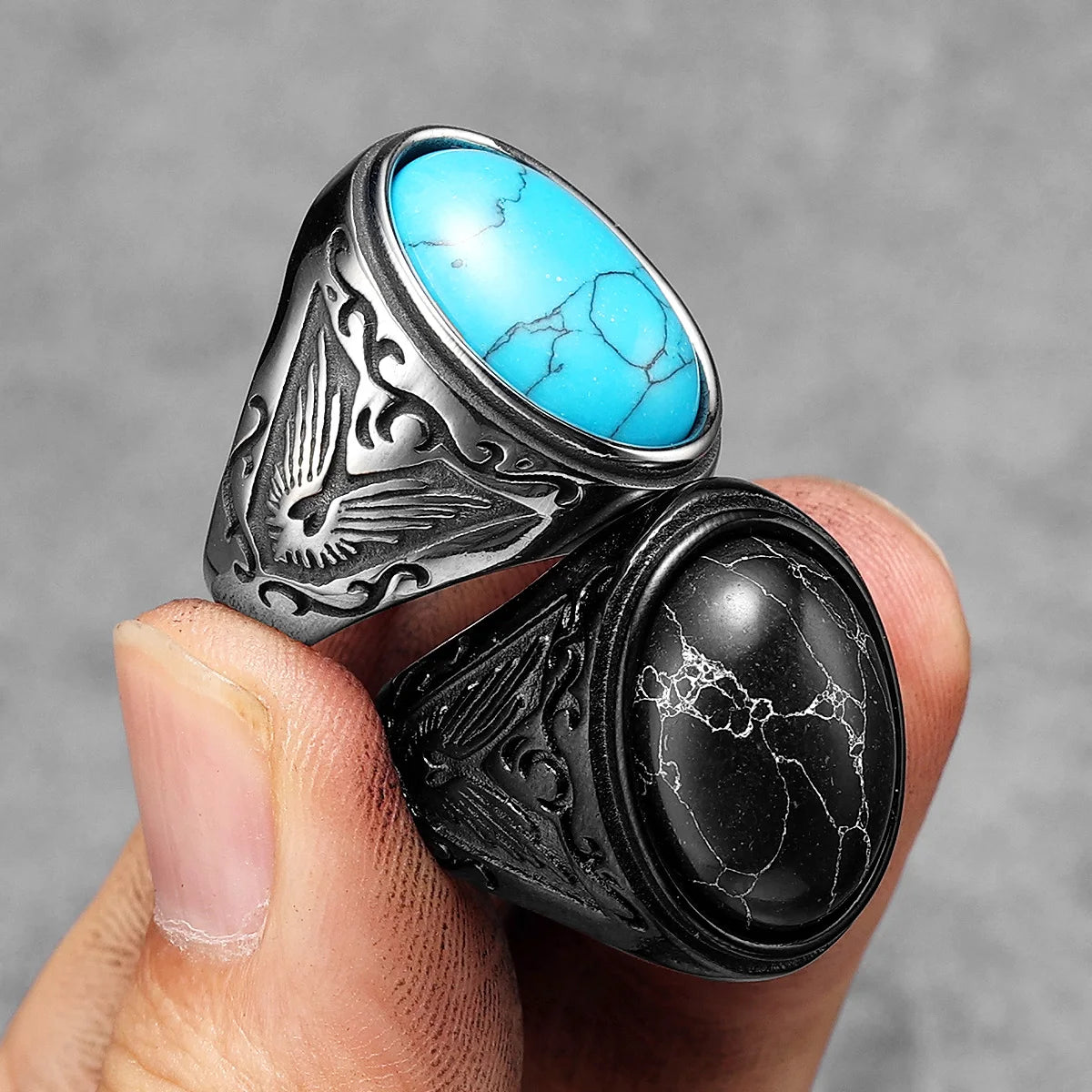 Black Turquoise Carved Men Rings Stainless Steel Women Jewelry Vintage Punk Rock Cool Stuff Fashion Accessories Gift Wholesale