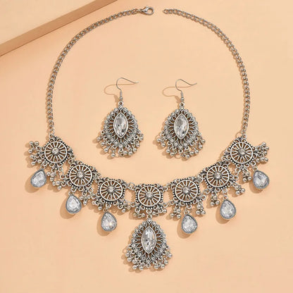 Vintage Ethnic Jewelry Set For Woman Resin Stone Jewelry Sets Hollow Metal Water Drop Necklace Earrings Set For Women